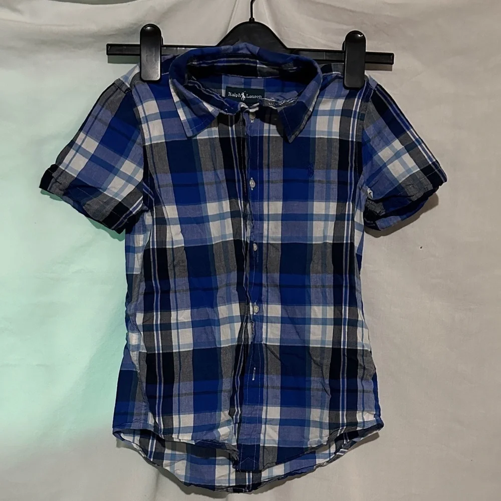 blue gray white plaid Ralph Lauren short sleeve button down shirt size 7